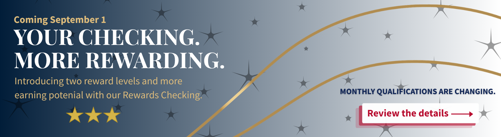 Coming September 1
Your Checking.
More Rewarding.
Introducing two reward levels and more earning potential with our Rewards Checking.
Monthly Qualifications changing.
Review the details here.